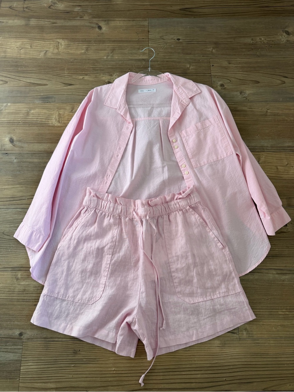Zara Light Pink Linen Shirt & Drawstring Shorts size S